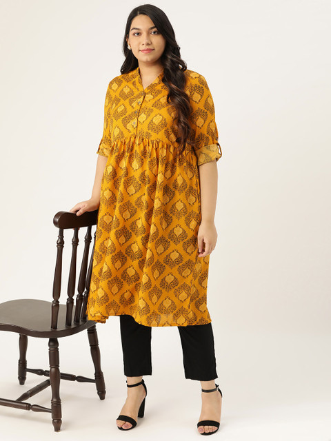 

Sztori Women Plus Size Mustard Yellow & Black Ethnic Motifs Print Anarkali Kurta