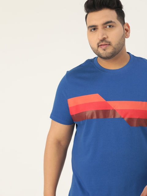 

Sztori Men Plus Size Blue Striped Pure Cotton Round Neck T-shirt