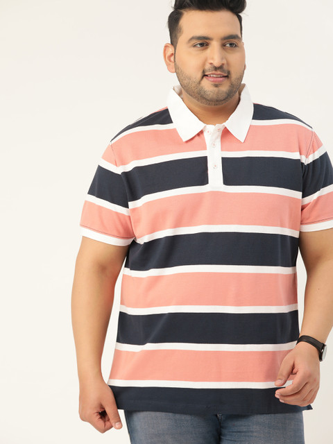 

Sztori Men Plus Size Navy Blue & Pink Yarn Dyed Striped Pure Cotton Polo Collar T-shirt
