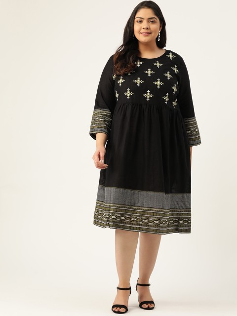 

Sztori Women Plus Size Black And White Pure Cotton Embroidered A-Line Dress