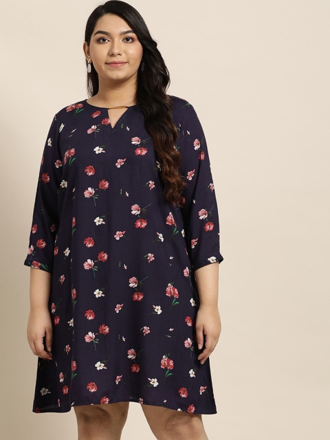

Sztori Plus Size Women Navy Blue & Pink Floral Print A-Line Dress