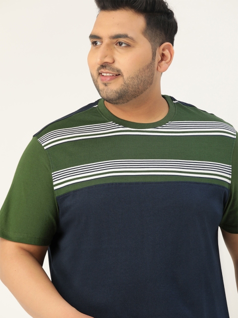 

Sztori Men Plus Size Navy Blue & Green Striped Pure Cotton T-shirt