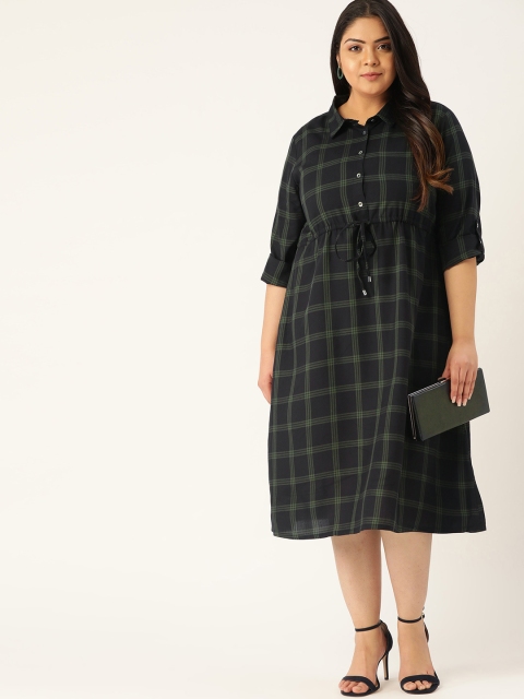 

Sztori Women Black & Olive Green Plus Size Checked Midi Shirt Dress