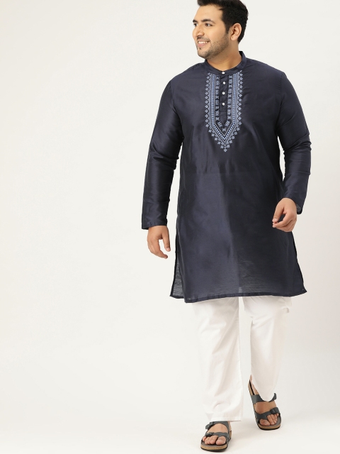 

Sztori Men Plus Size Navy Blue Embroidered Yoke Design Straight Kurta