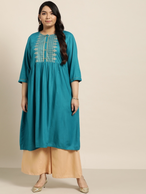 

Sztori Women Plus Size Teal Blue & Golden A-Line Gold Foil Print Kurta