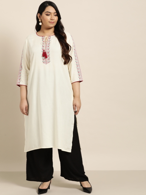 

Sztori Women Plus Size Off-White Solid Round Neck with Tassel Tie-up Kurta