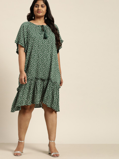 

Sztori Women Green & White Floral Print Plus Size Drop-Waist Dress