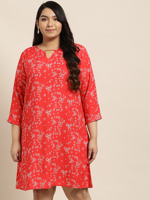 

Sztori Plus Size Women Coral Red & White Floral Print A-Line Dress