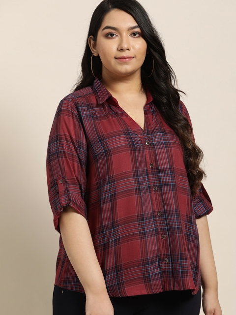 

Sztori Women Plus Size Maroon & Navy Blue Regular Fit Checked Casual Shirt