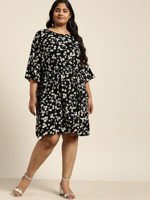 

Sztori Women Black & White Floral Print Plus Size A-Line Dress