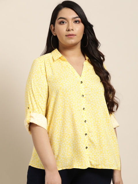 

Sztori Women Plus Size Yellow & White Regular Fit Printed Casual Shirt