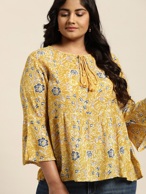 

Sztori Women Mustard Yellow & Off-White Floral Printed Plus Size A-Line Top