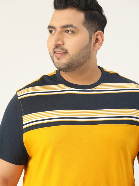

Sztori Men Plus Size Mustard Yellow & Navy Blue Pure Cotton Colorblocked T-shirt