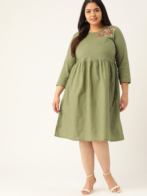 

Sztori Women Plus Size Olive Green Pure Cotton Solid Empire Dress with Embroidery