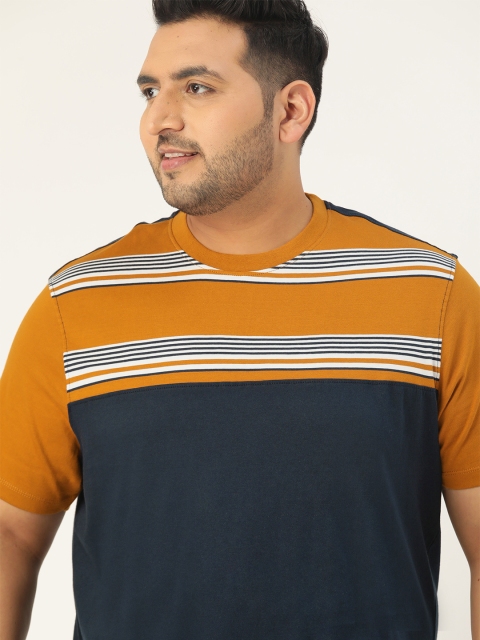 

Sztori Men Plus Size Mustard Yellow & Navy Blue Striped Round Neck T-shirt