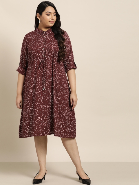 

Sztori Women Plus Size Burgundy & Off-White Polka Dots Print Shirt Dress, Maroon