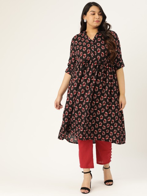 

Sztori Women Plus Size Black & Maroon Ethnic Motifs Print Anarkali Kurta