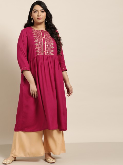 

Sztori Women Plus Size Magenta & Golden Foil Print Yoke Design A-Line Kurta