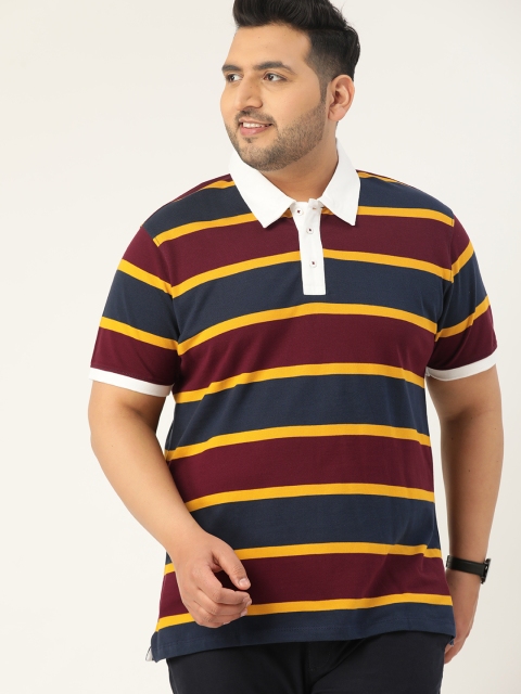 

Sztori Men Plus Size Maroon & Navy Blue Pure Cotton Striped Polo Collar T-shirt