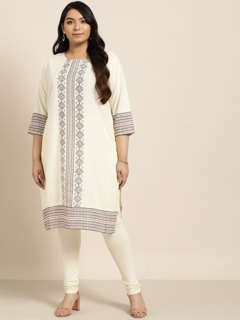 

Sztori Women Plus Size Off-White & Black Printed Straight Fit Kurta