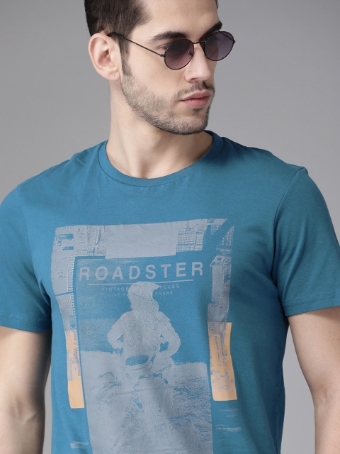 

Roadster Men Teal Blue & Grey Brand Logo & Biker Print Round Neck T-shirt