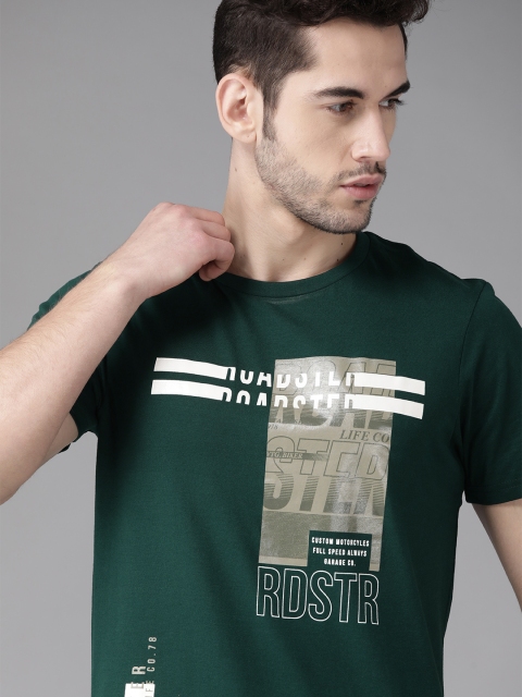 

Roadster Men Green & White Printed Round Neck T-shirt