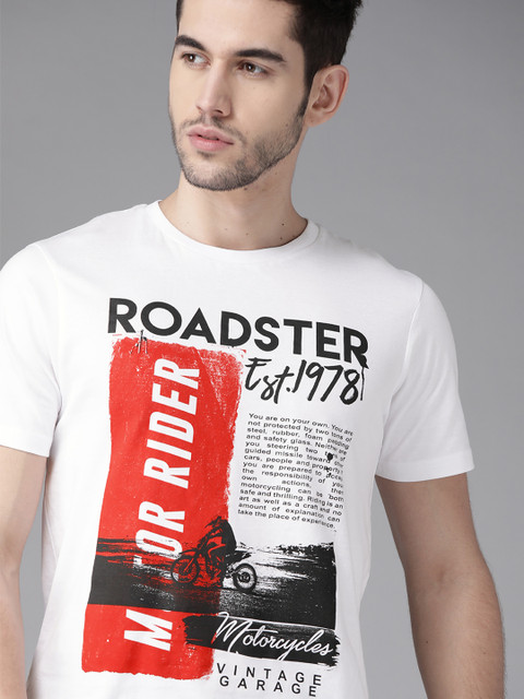 

Roadster Men White & Black Brand Logo & Biker Print Round Neck T-shirt