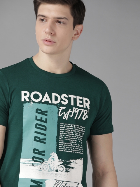 Roadster Men Green & White Brand Logo & Biker Print Round Neck T-shirt
