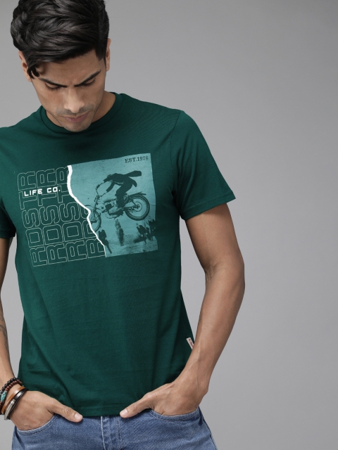 

Roadster Men Green Printed Round Neck T-shirt