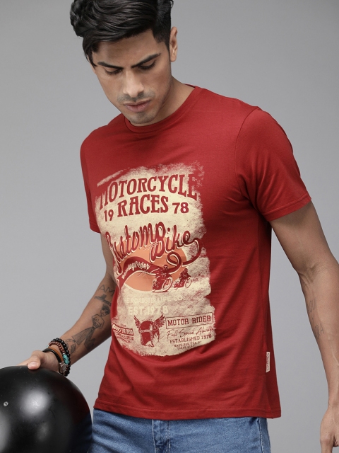 

Roadster Men Rust Printed Round Neck T-shirt