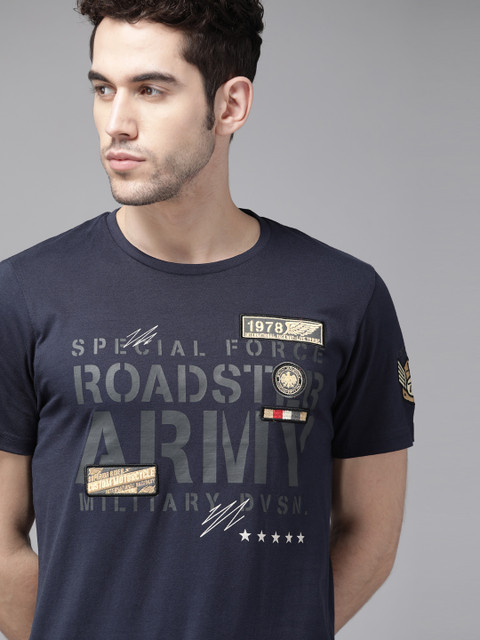 

Roadster Men Navy Blue & Grey Printed Cotton Round Neck T-shirt