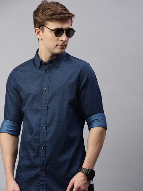 

Tommy Hilfiger Men Navy Blue Slim Fit Self Design Casual Shirt