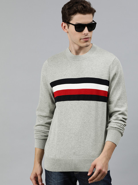 

Tommy Hilfiger Men Grey & Black Striped Pullover Sweater