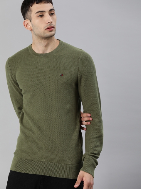 

Tommy Hilfiger Men Olive Green Self Design Pullover Sweater