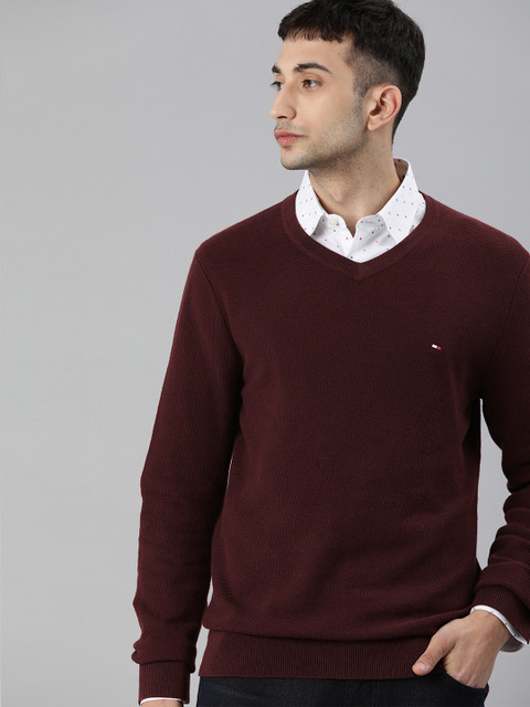 

Tommy Hilfiger Men Burgundy Self Design Organic Cotton Pullover Sweater