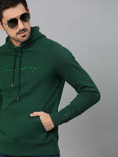 

Tommy Hilfiger Men Teal Green Embroidered Hooded Pullover Sweatshirt