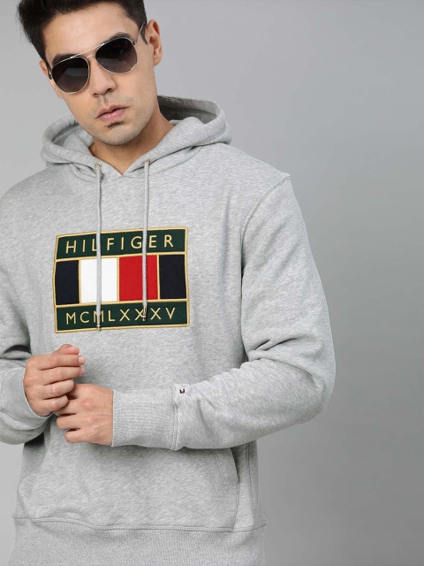 

Tommy Hilfiger Men Grey Melange Embroidered Hooded Pullover Sweatshirt