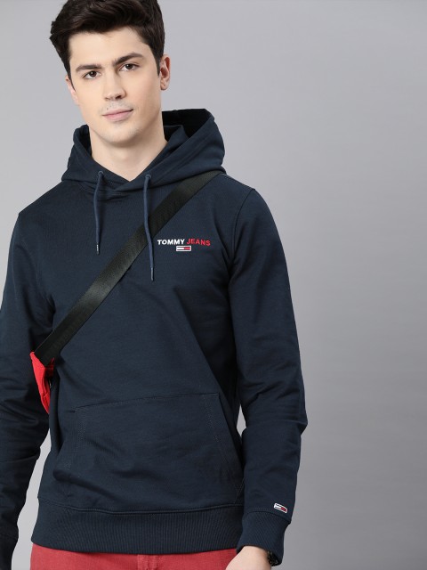 

Tommy Hilfiger Men Navy Blue Solid Hooded Sweatshirt with Embroidered Detail