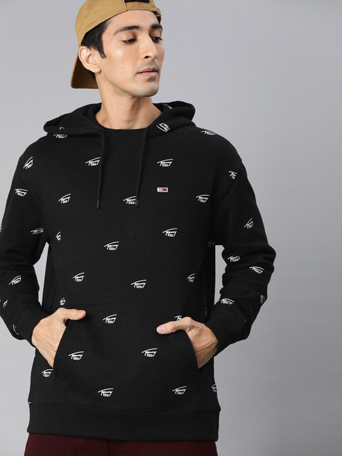 

Tommy Hilfiger Men Black & White Printed Hooded Sweatshirt