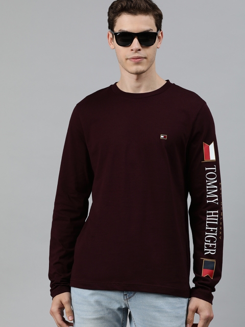 

Tommy Hilfiger Men Burgundy Solid Round Neck T-shirt with Printed Sleeve