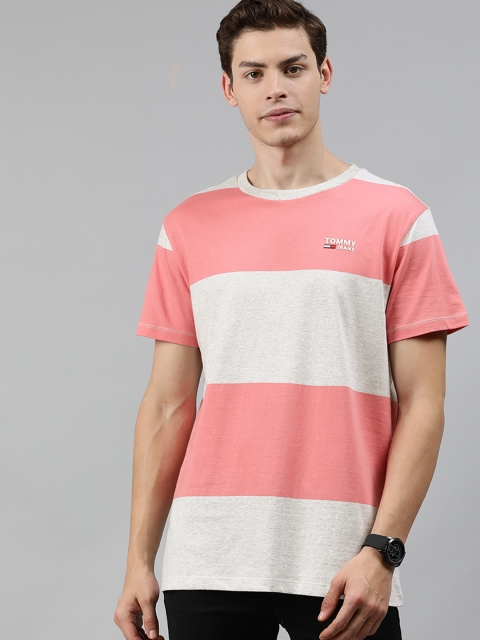 

Tommy Hilfiger Men Pink Grey Melange Colourblocked Round Neck Pure Cotton T-shirt