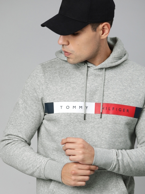

Tommy Hilfiger Men Grey Melange Printed Hooded Sweatshirt