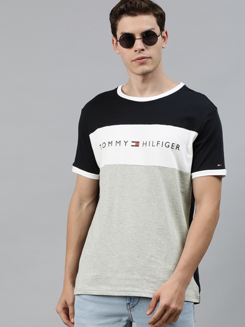 

Tommy Hilfiger Men Navy Blue & Grey Melange Colourblocked Round Neck T-shirt