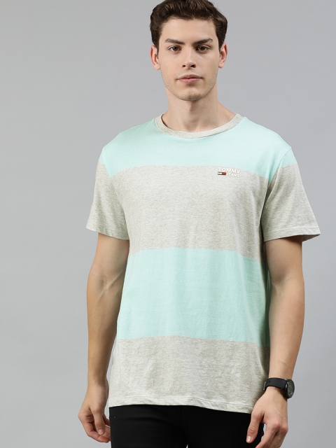 

Tommy Hilfiger Men Blue Grey Melange Colourblocked Round Neck Pure Cotton T-shirt