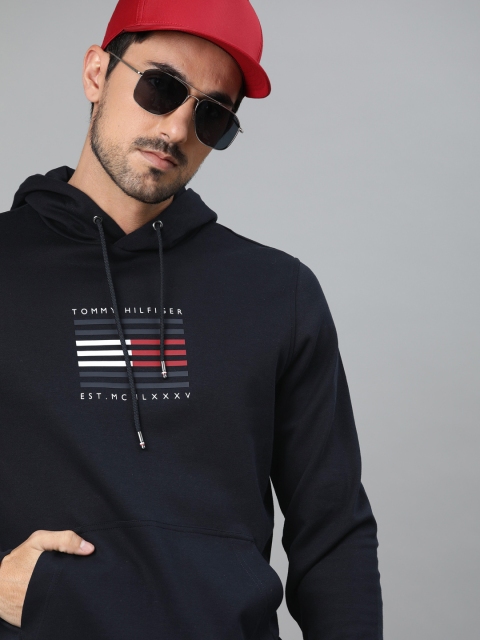 

Tommy Hilfiger Men Navy Blue Printed Hooded Sweatshirt
