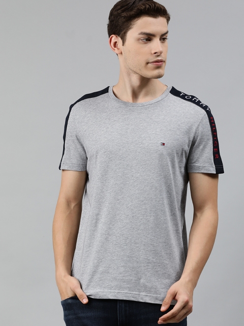 

Tommy Hilfiger Men Grey Solid Round Neck Pure Cotton T-shirt with Striped Sleeves