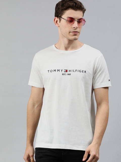 

Tommy Hilfiger Men White Solid Round Neck T-shirt with Printed Detail