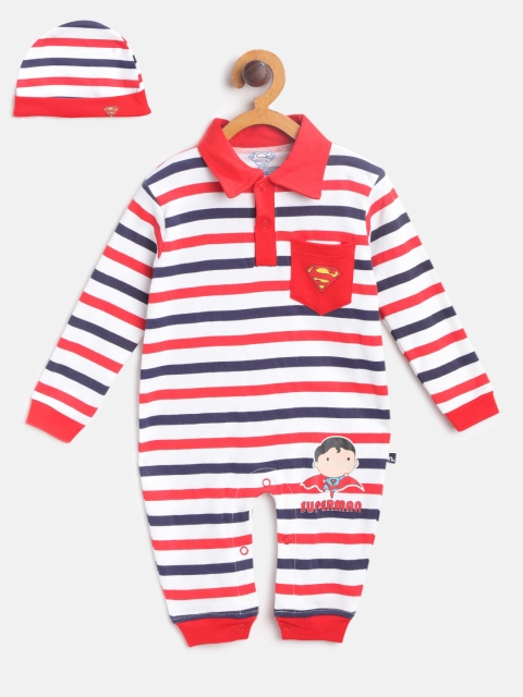 

Moms Love Boys Red & Navy Blue Striped Rompers With Beanie