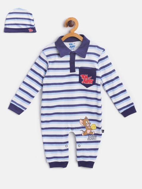 

Moms Love Boys Blue & White Striped Rompers with Beanie