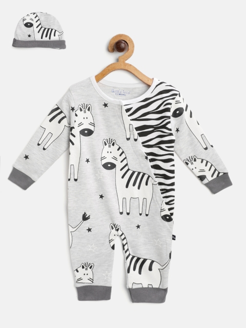 

Moms Love Infant Boys Grey Melange & White Pure Cotton Zebra Print Rompers with Beanie